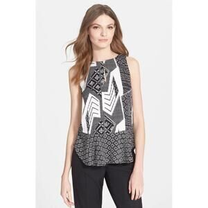 Diane Von Furstenberg Black & White Maya Silk Peplum Top Women's Size P/XS